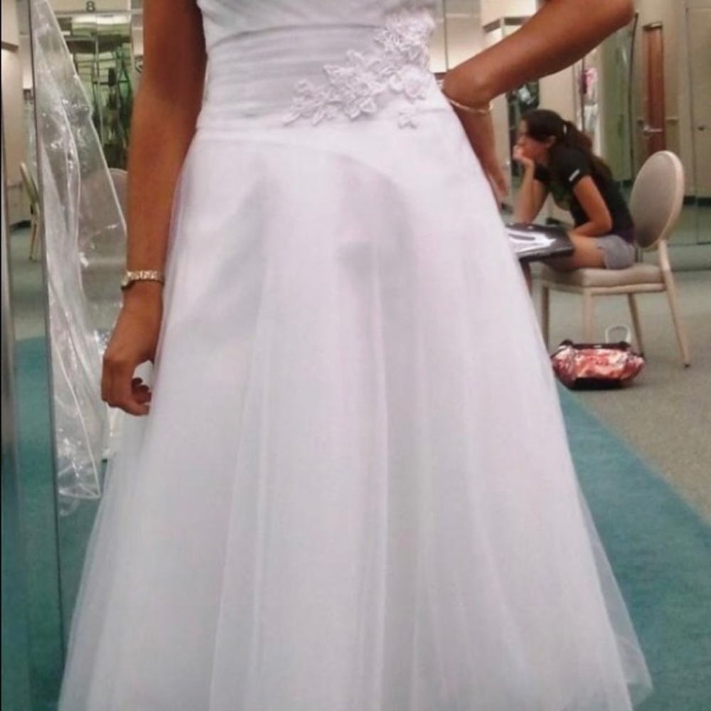Tea length White Bridal Gown with Lace Accents
